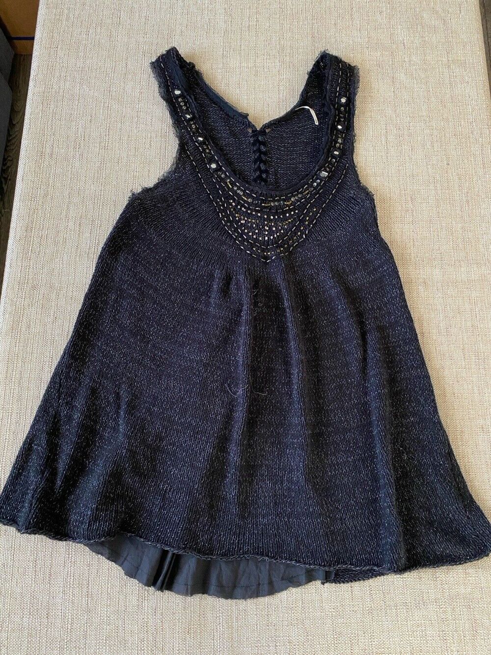 FREE PEOPLE Mini Dress Boho chic Beaded Black Silver Knit Raw Edges M